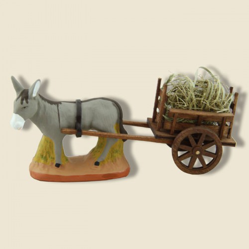 image: Donkey standing on grass and Wood Cart of harness