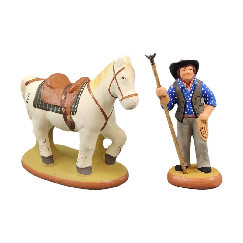duo gardian debout chemise bleue et cheval en selle 6 cm