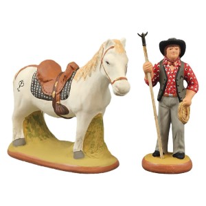 duo gardian debout chemise rouge et cheval en selle 6 cm